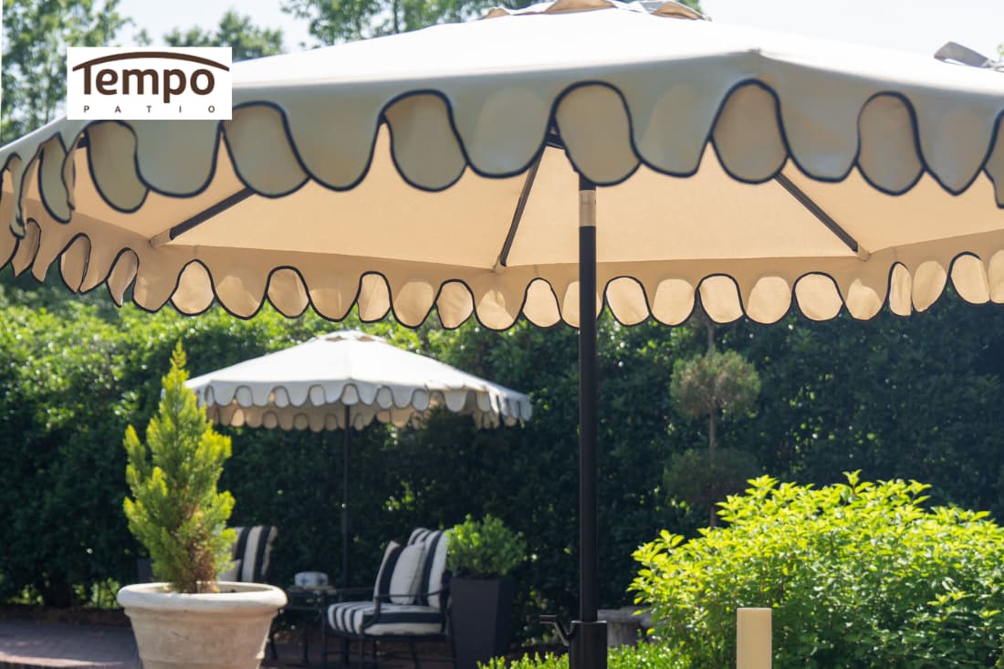 Scalloped canopy umbrellas illustrating durable outdoor umbrellas for long term setups in a garden patio