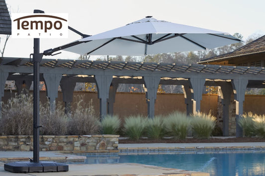 Portable umbrellas easy setup guide highlights cantilever umbrella positioned beside outdoor pool