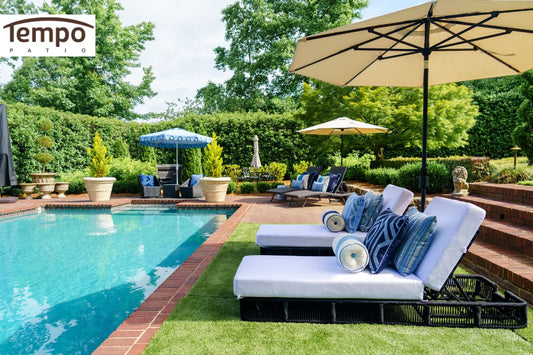 Small patio umbrella ideas and solutions shown across a poolside layout with multiple umbrella styles.